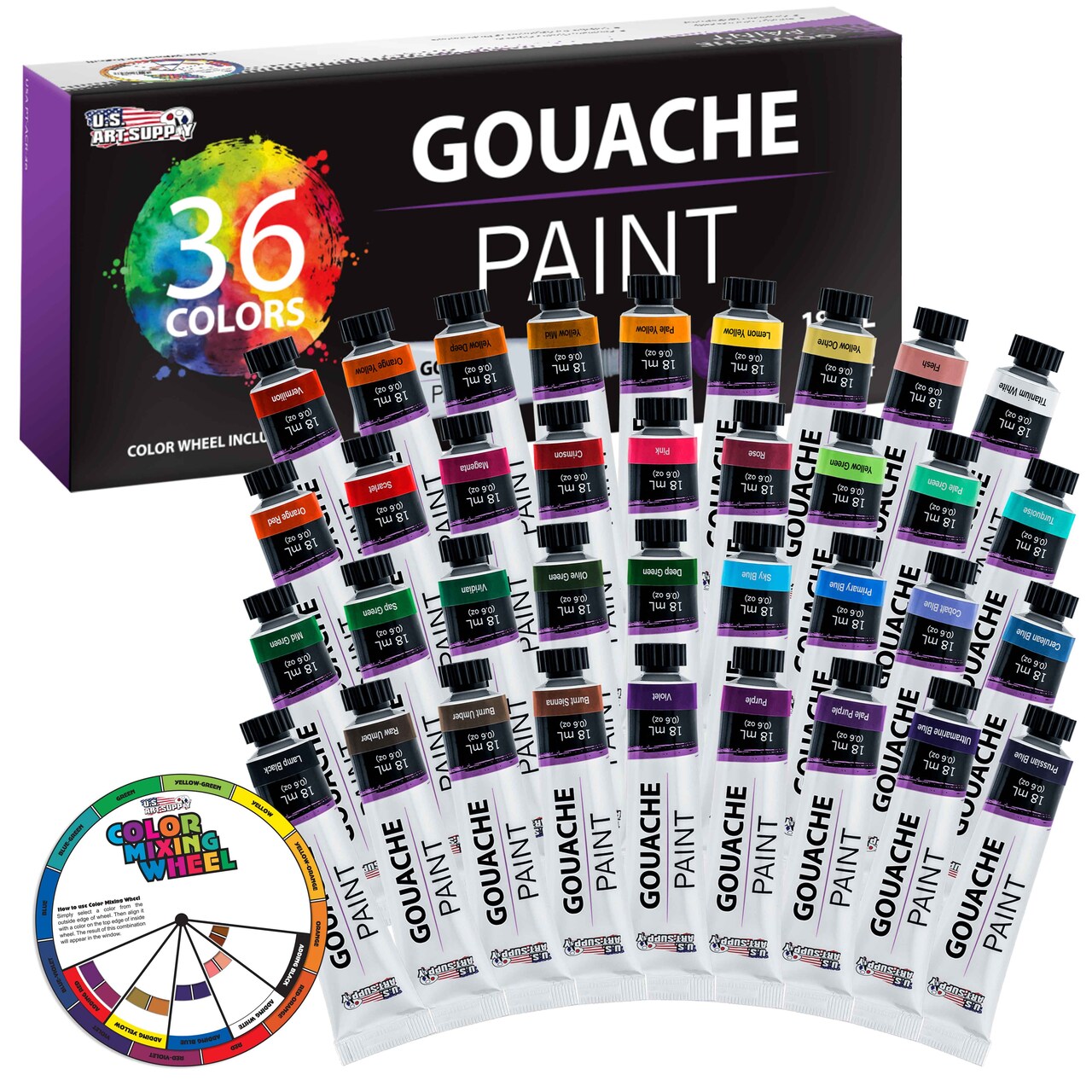 U.S. Art Supply Professional 36-Color Gouache Paint Set in Large 18ml Tubes & Color Mixing Wheel - Gouache Paint Tubes for Artists, Students, Beginners